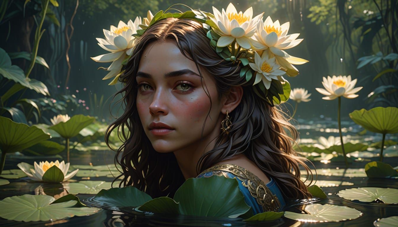 Woman with Water Lily in a Lush Water Garden