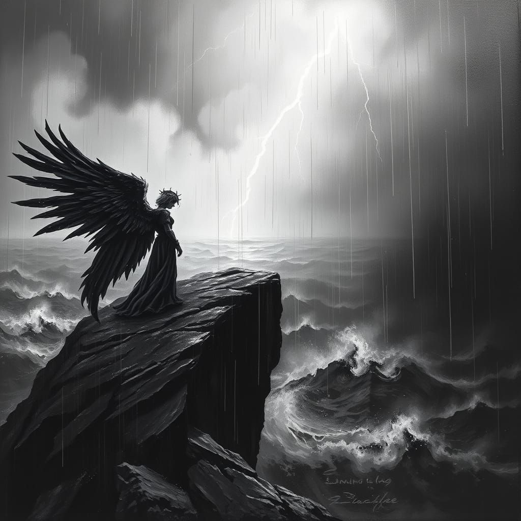 Melancholic Angel on Cliff Overlooking Dark Sea