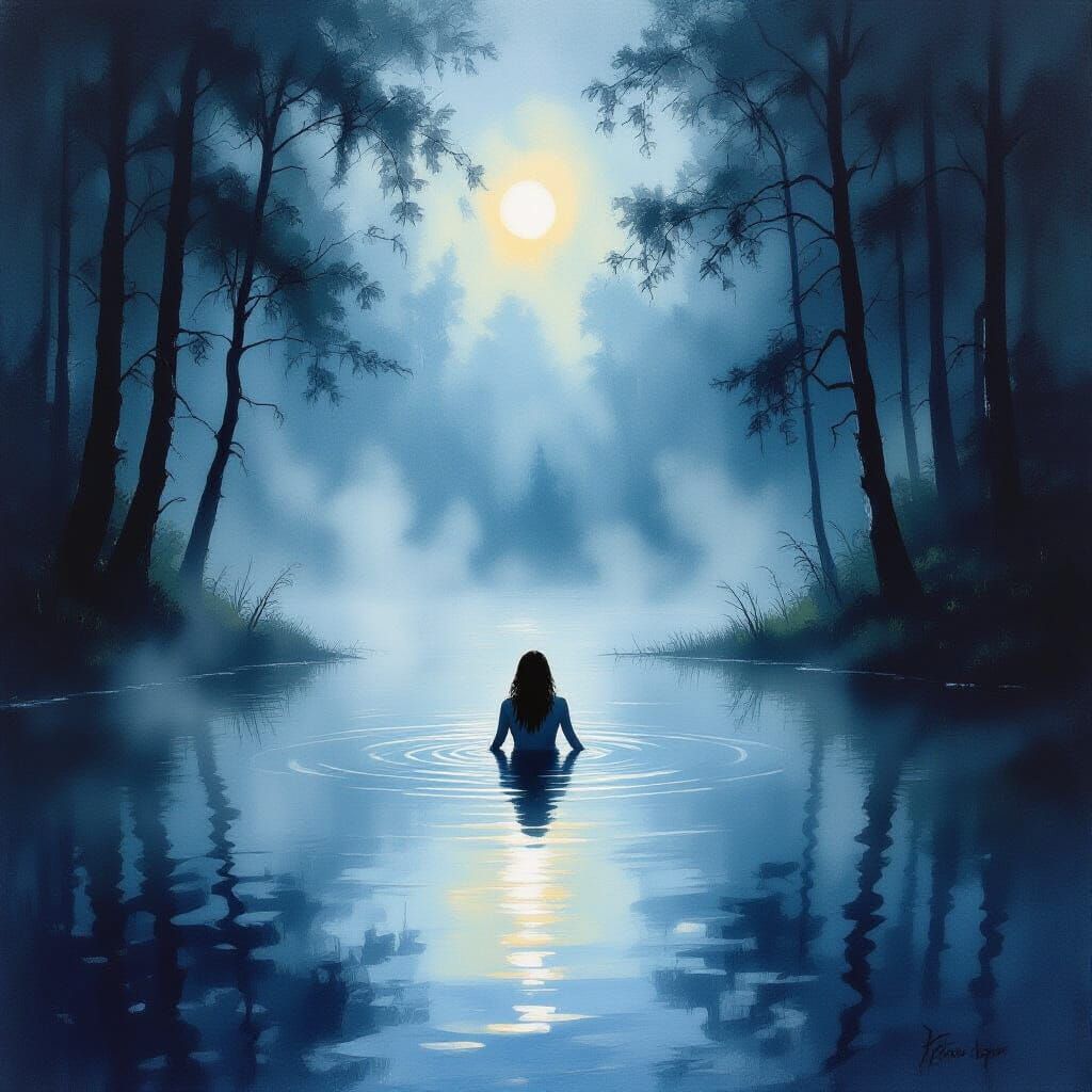 Haunted Lake: Impressionist Woman Emerges from Mist