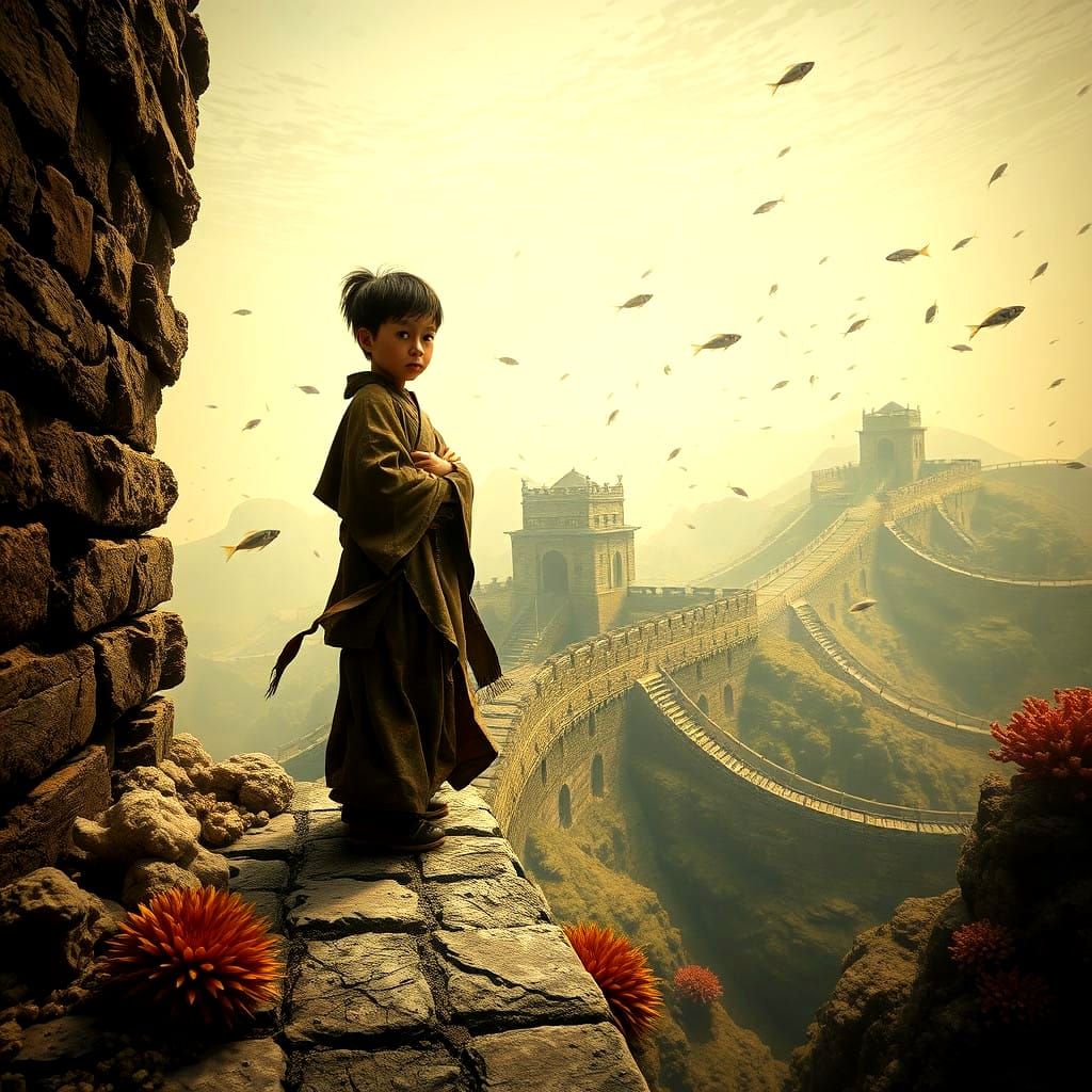 Ancient Chinese Water Bearer Child Amidst Submerged Great Wa...