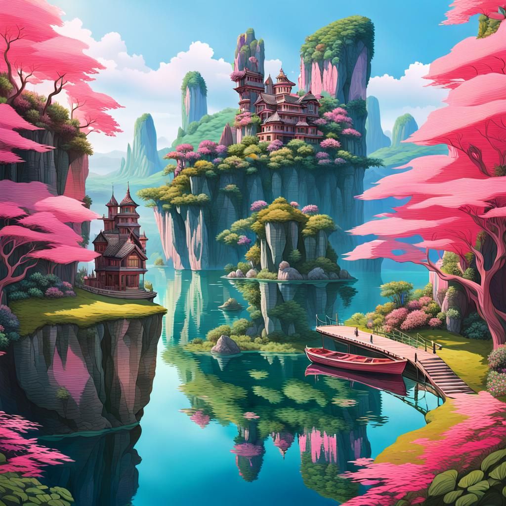 Mystical Landscape with Towering Rocks and Dark-Sailed Boat