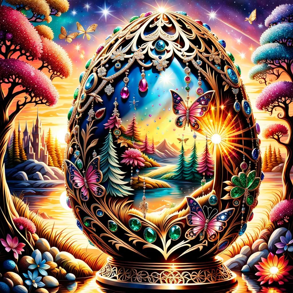 Ornate Jewel-Encrusted Egg with Metal Trees