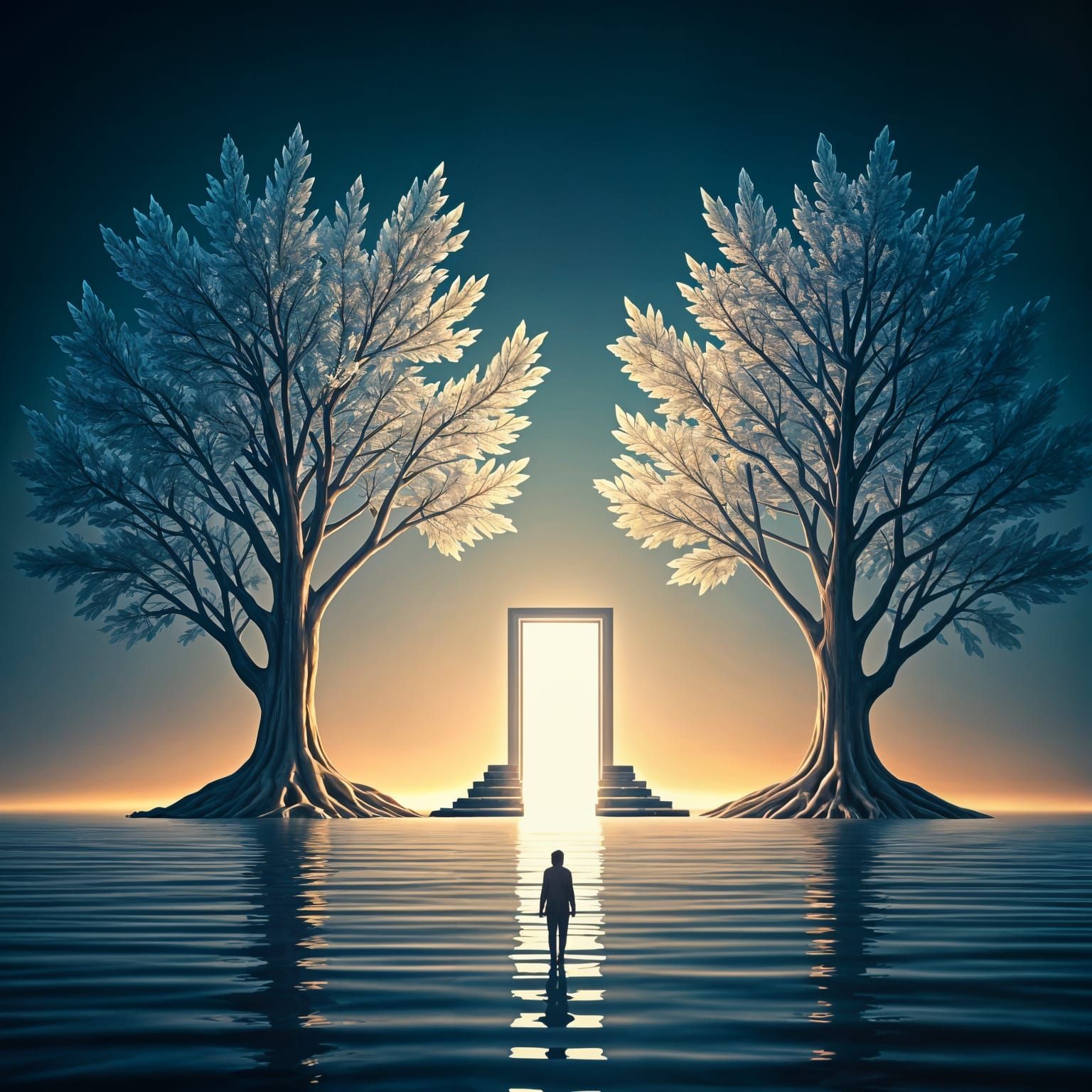 Crystalline Trees Reflecting Light Doorway: Surreal Landscap...