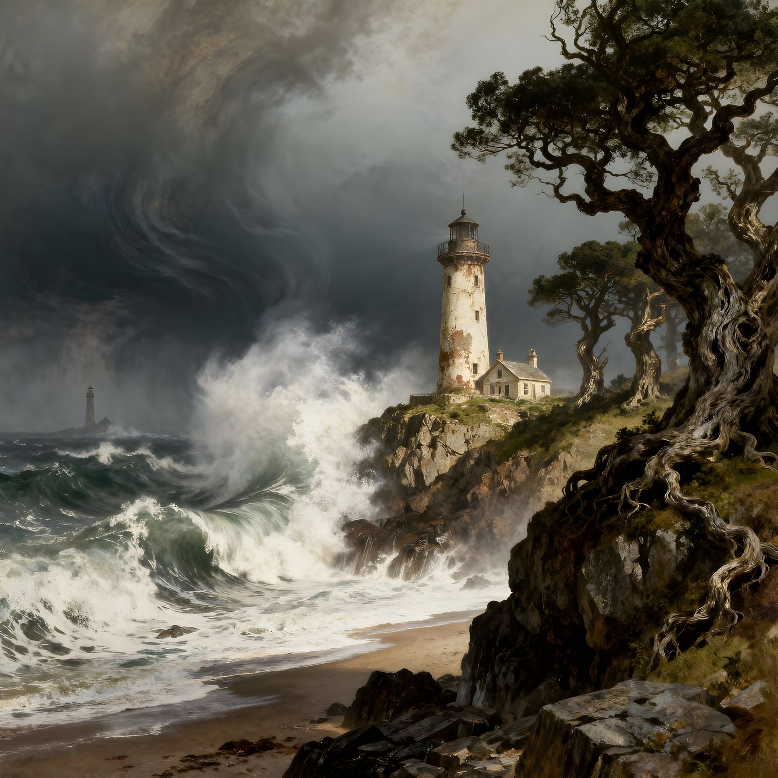 Lone Lighthouse Against Tempestuous Sea in Fog