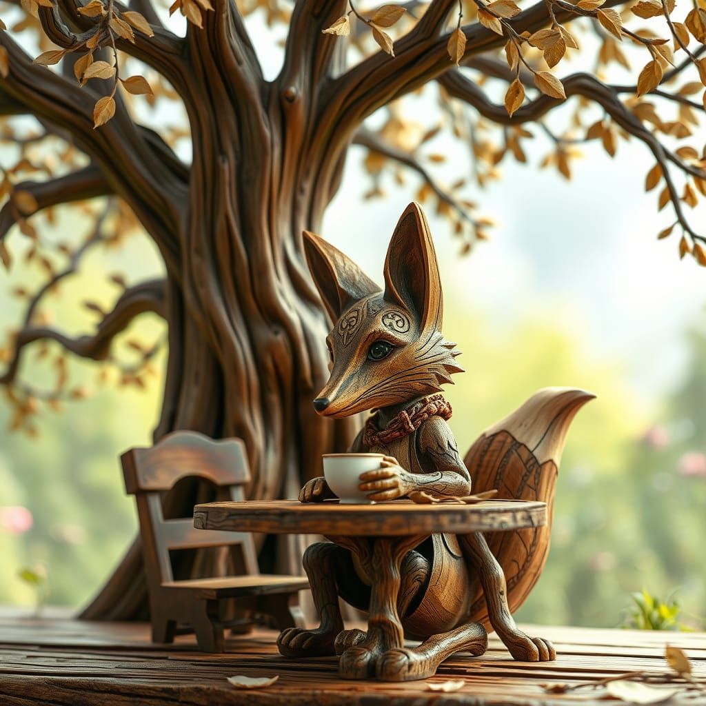Whimsical Wooden Fox Sipping Tea Under Wooden Tree