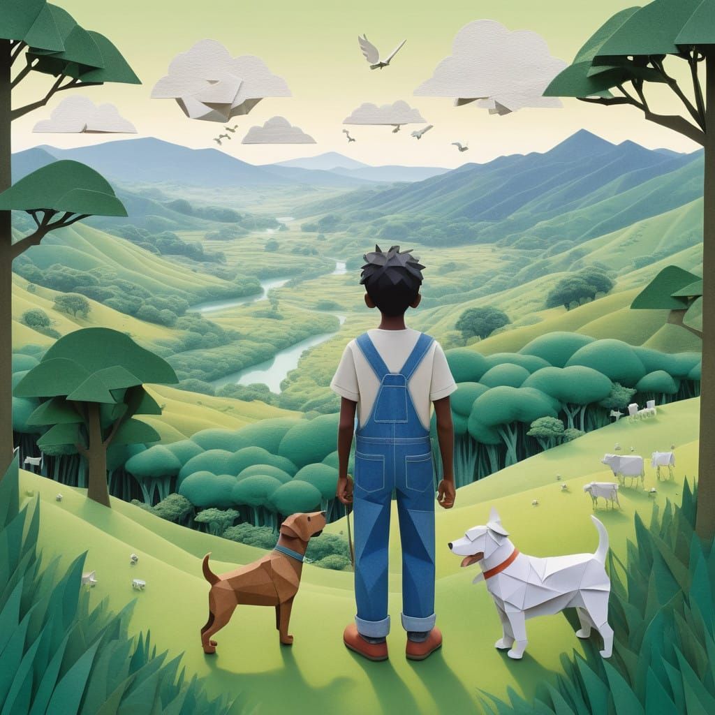 African Boy and Dog in Origami Valley
