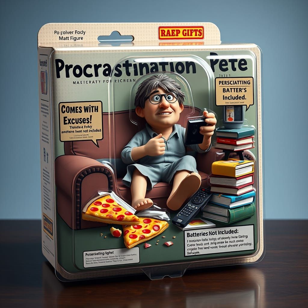 Procrastination Pete: Witty Cartoon Action Figure Box
