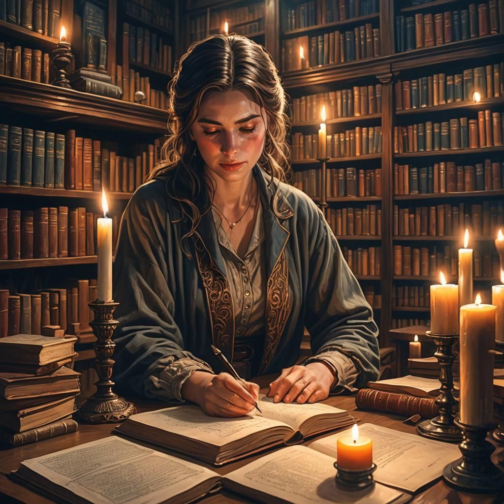 Woman Writing by Candlelight in Library: Hyperrealistic Art