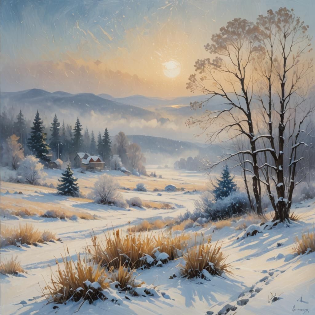 Impressionist Winter Landscape in Soft Golden Light