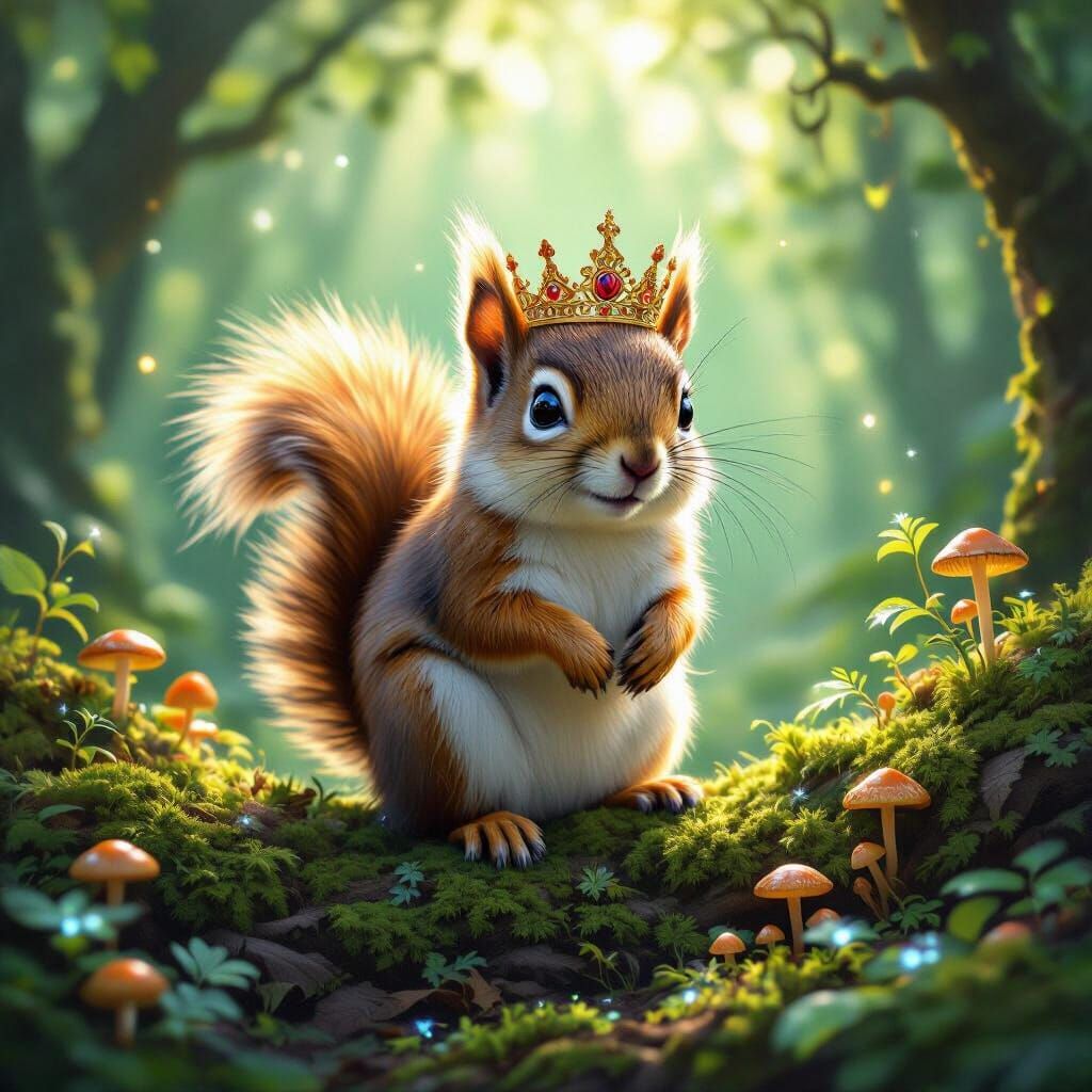 Fluffy Squirrel with Crown in Enchanted Forest