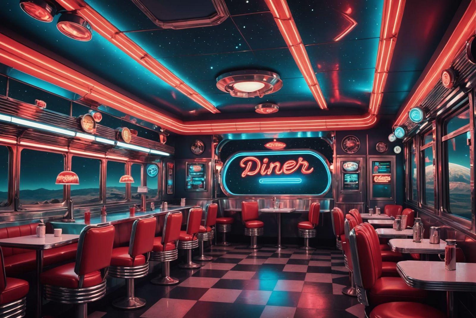 Retro-Futuristic Cosmic Diner with Neon Lights