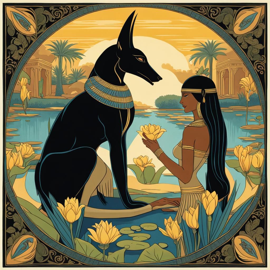 Anubis Embraces Woman in Lily Pond
