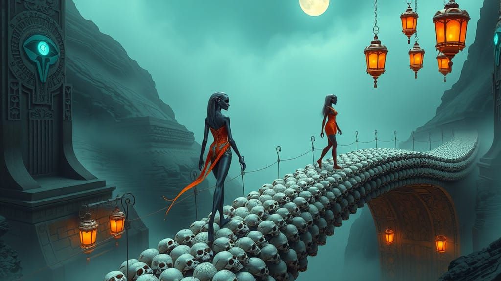 Alien Encounter on a Skull Bridge in a Dreamlike World
