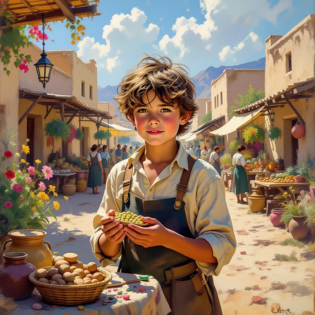 Farm Boy at Alien Market: Impressionistic Painting