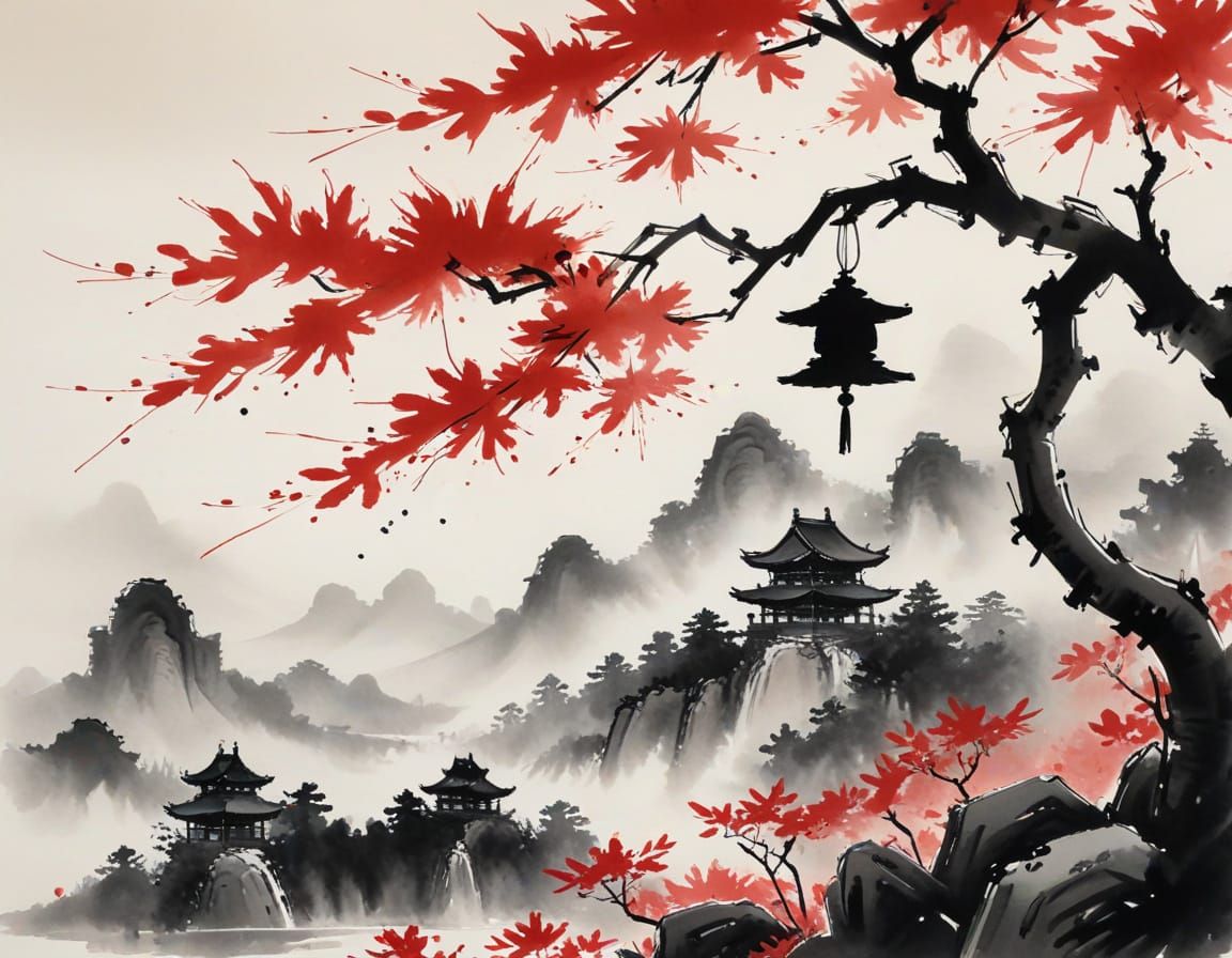 Maple Valley Temple Bells in Sumi-e Style