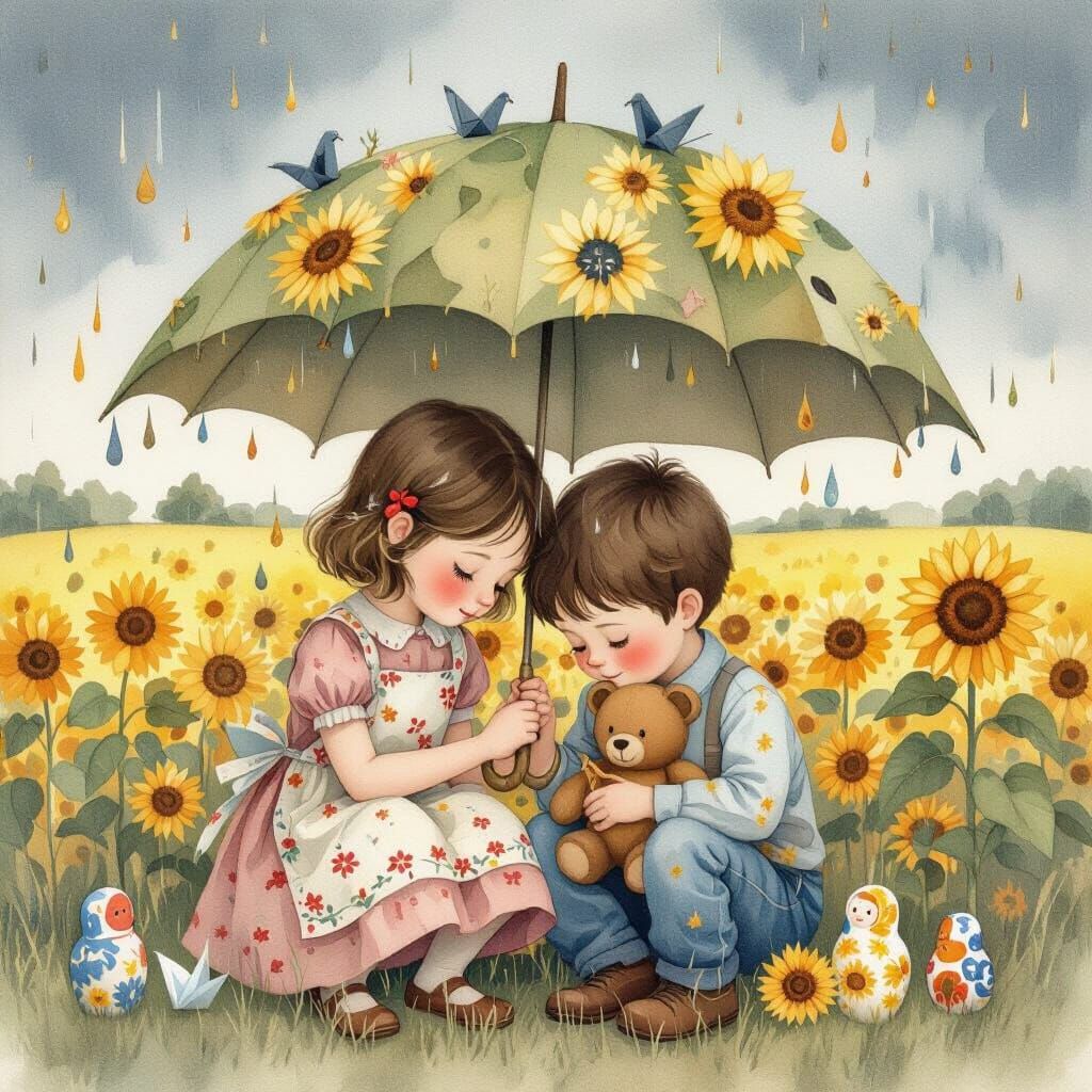 Children in Storm with Burdock Leaf Umbrella Watercolor