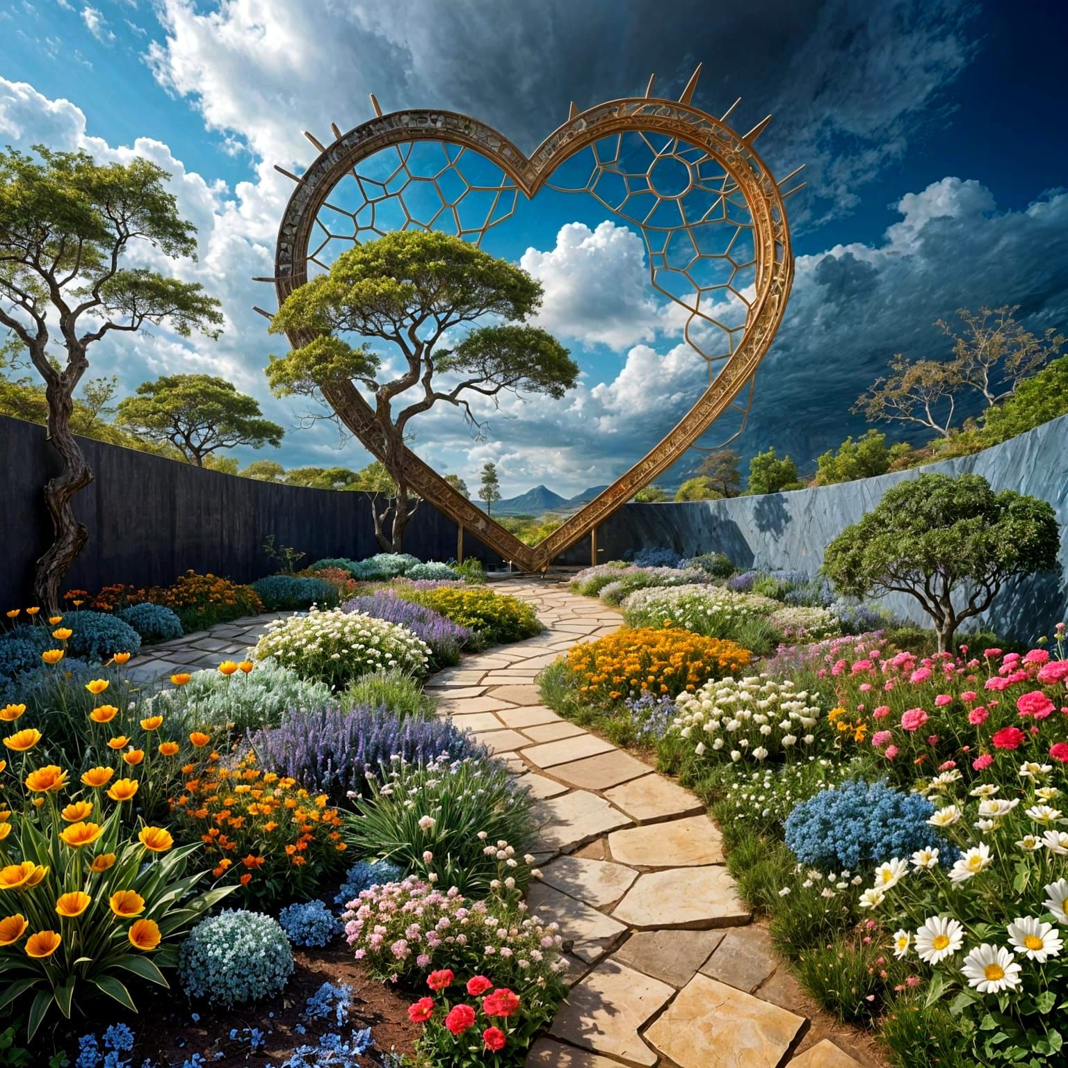 Surreal Heart Form in Geometric Dance, Ombre Colors, Gold Ac...