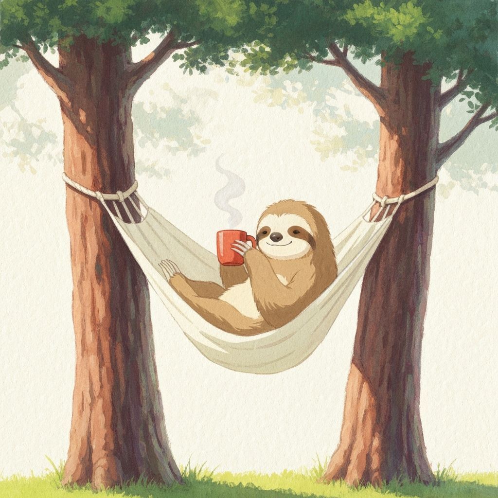 Sloth Relaxing in Hammock with Steaming Mug, Impasto Style