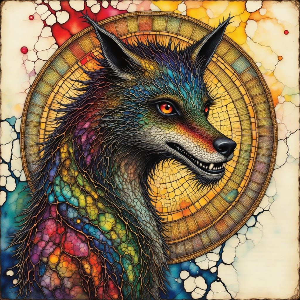 Kitsune Illustration in Cracked Alcohol Ink Style