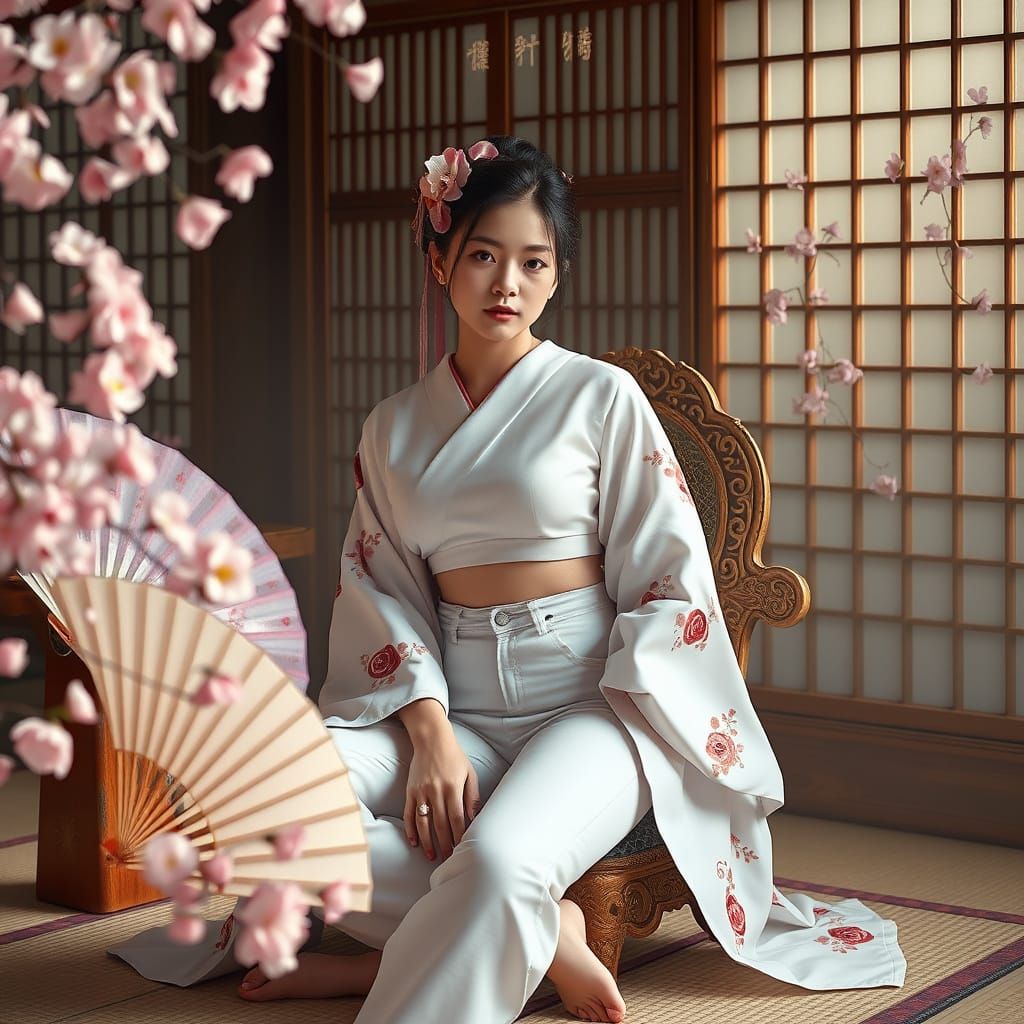 Geisha in White Jeans with Cherry Blossoms, Photorealistic