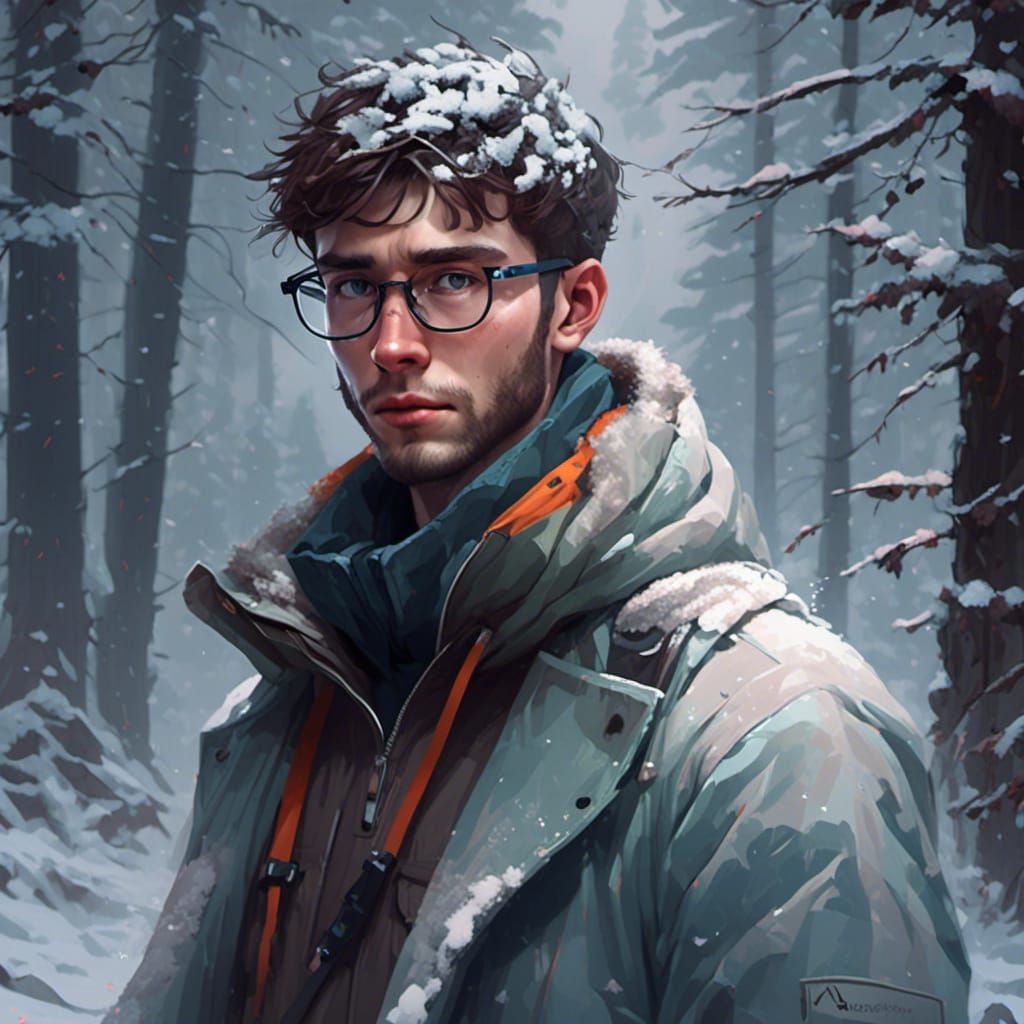 Nerdy Guy in Snowstorm: Greg Rutkowski Inspired Art