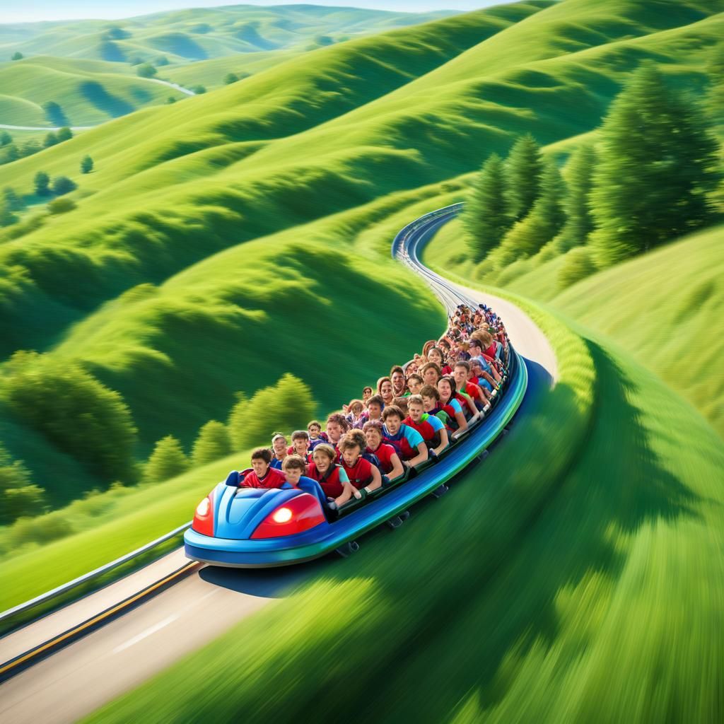 Ecstatic Teens on Roller Coaster in Vivid Countryside