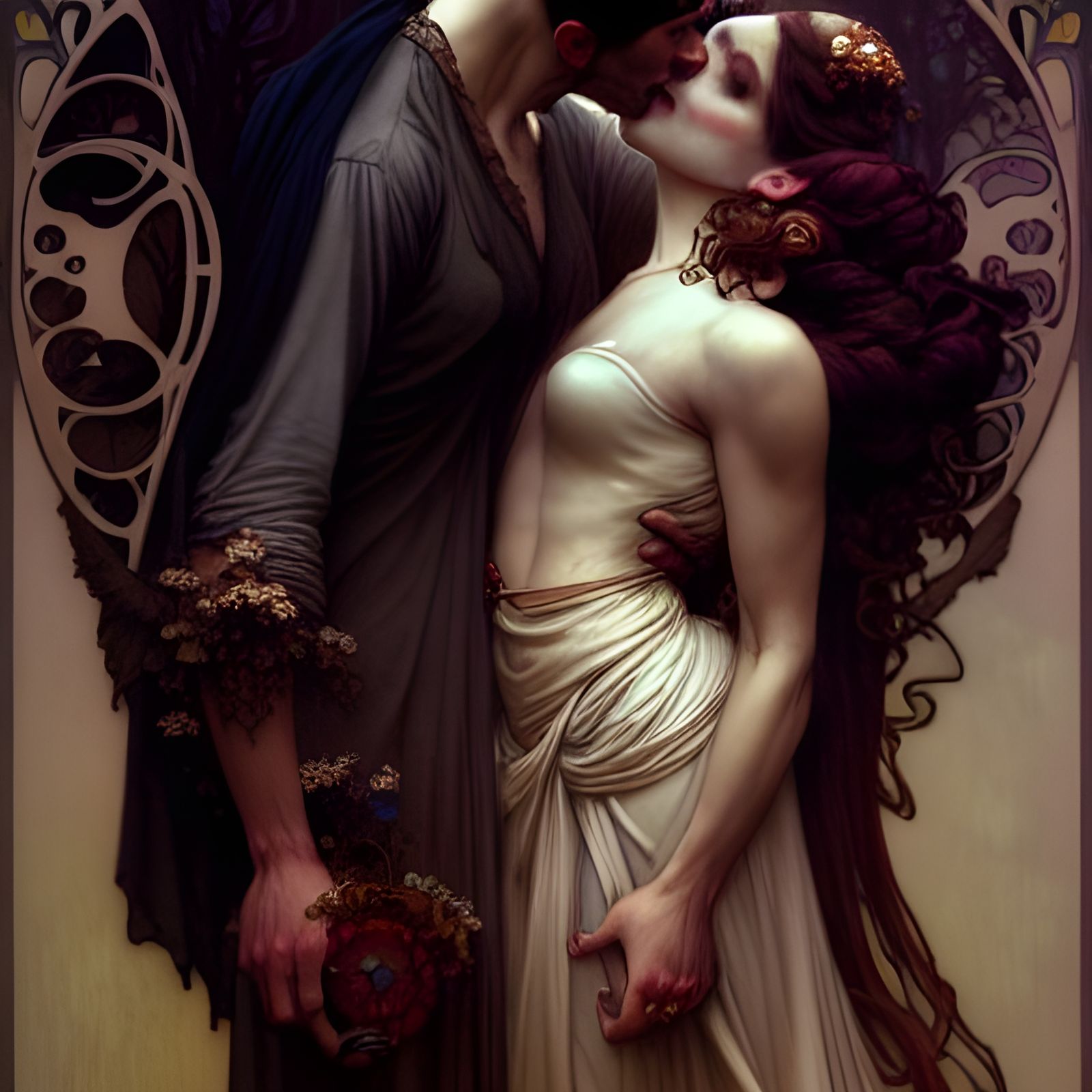 Romantic Kiss in Art Nouveau Style