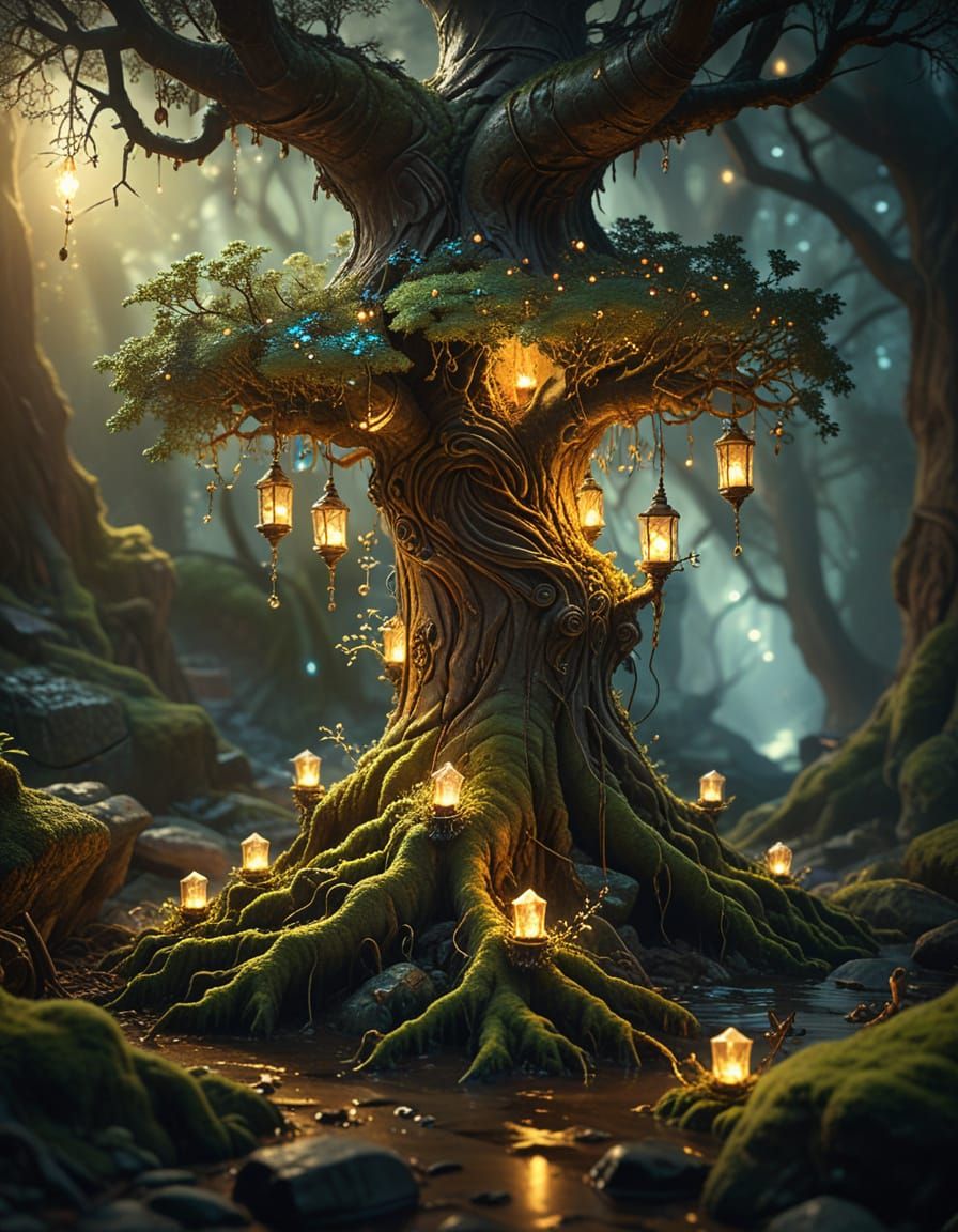 Miniature Luminous World Inside Ancient Tree