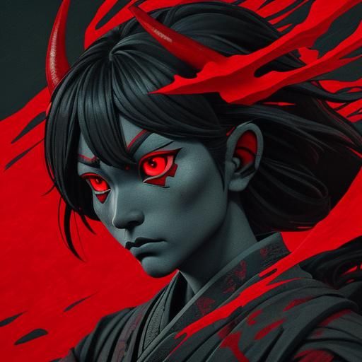 Red Demon with Bloodied Blade in Dark Forest