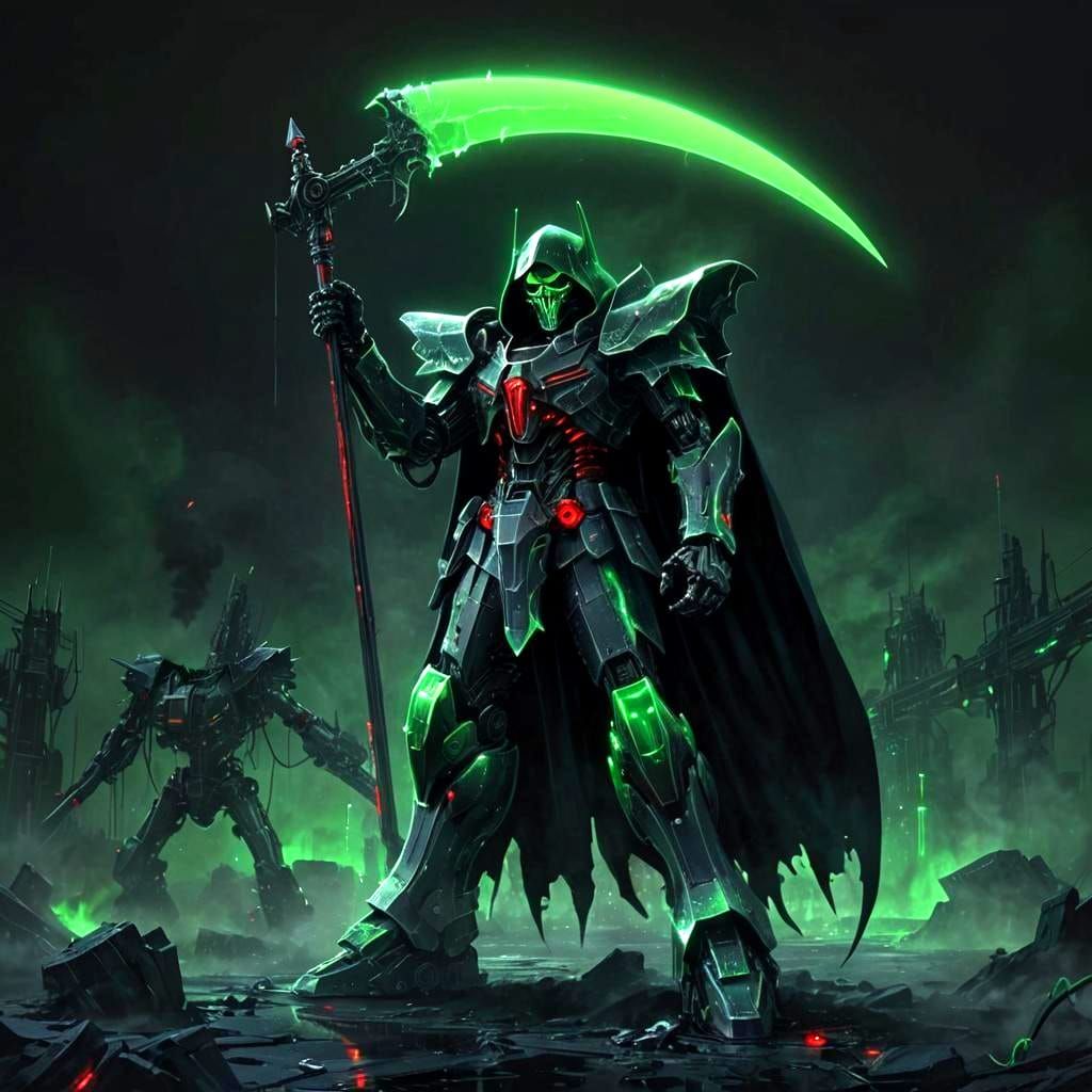 iridescent green, black, red grim reaper gundam wearing blac...