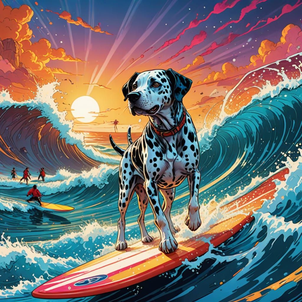 Vibrant Comic Book Art of Dalmatian Surfing Duo