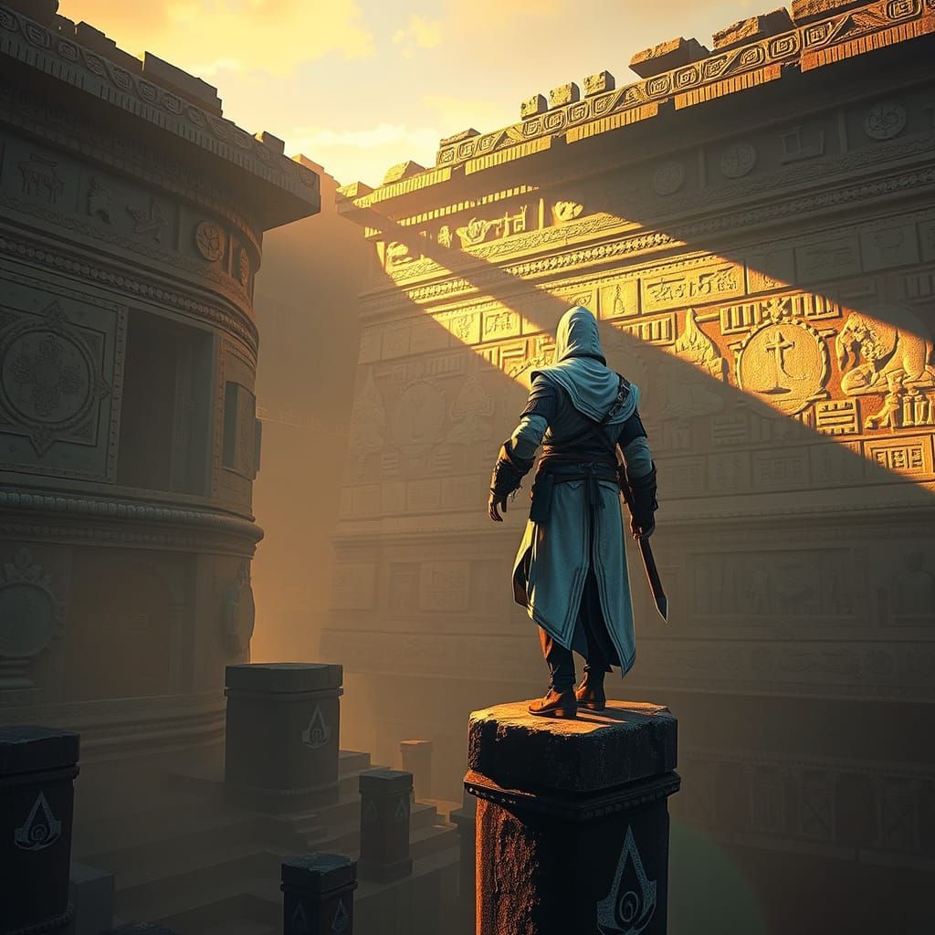 Assassin in Ancient Egyptian Temple at Dusk