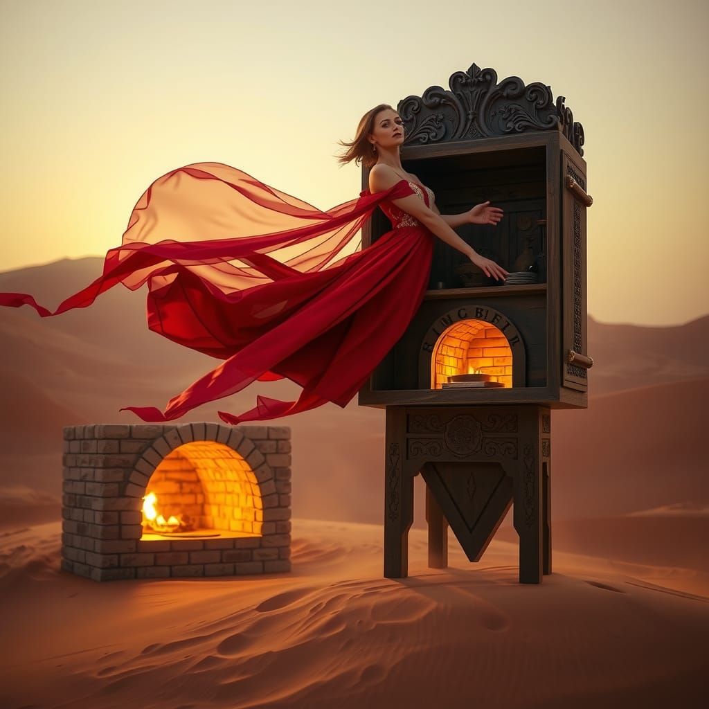 Woman in Box Flying Over Desert Oven