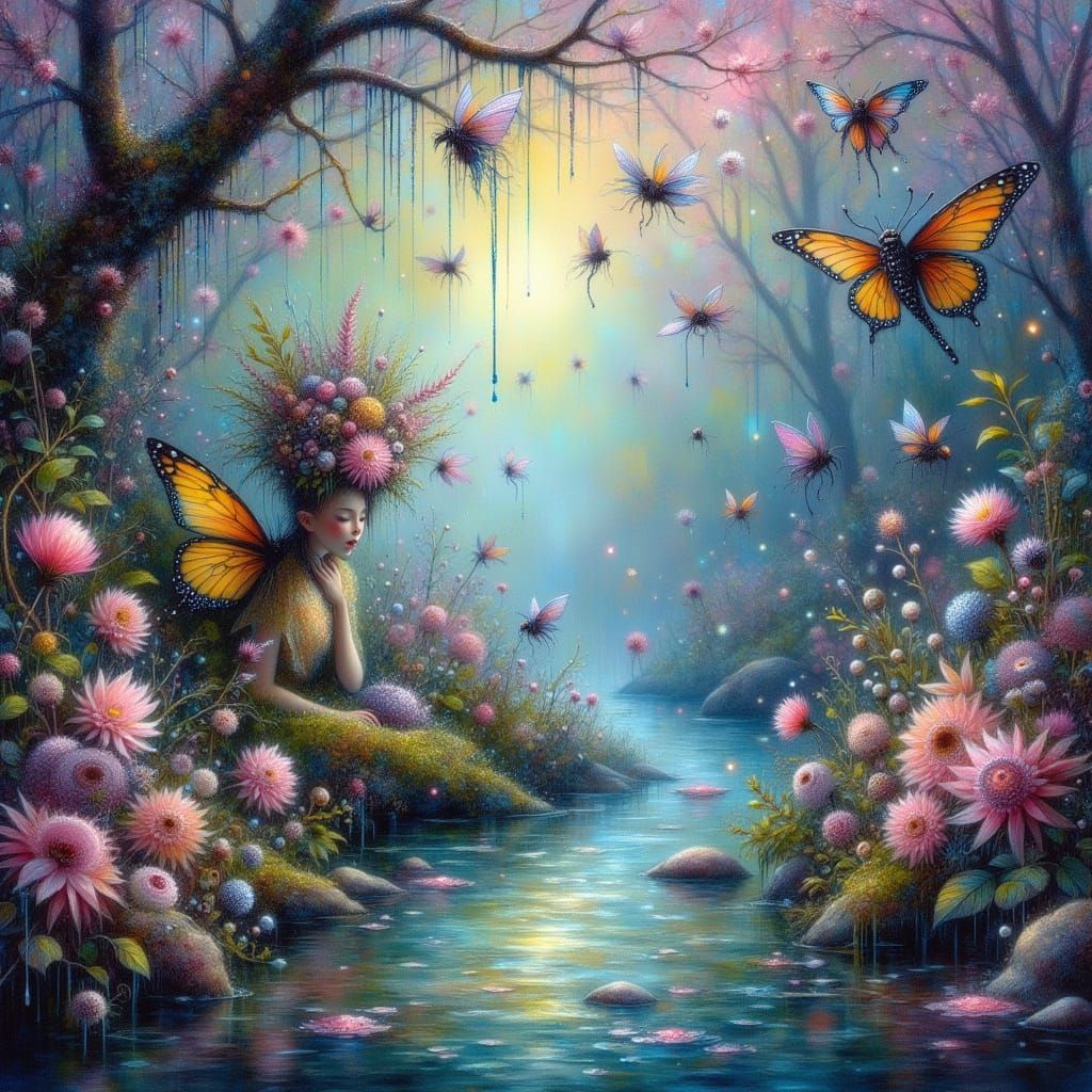 Enchanting Glade with River and Fireflies in Watercolor Styl...