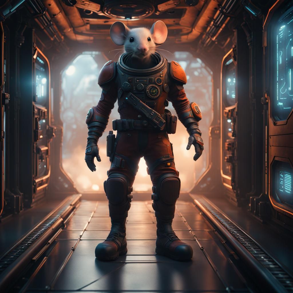 Mouse Space Pirate in Spaceship Corridor, Sci-Fi Art
