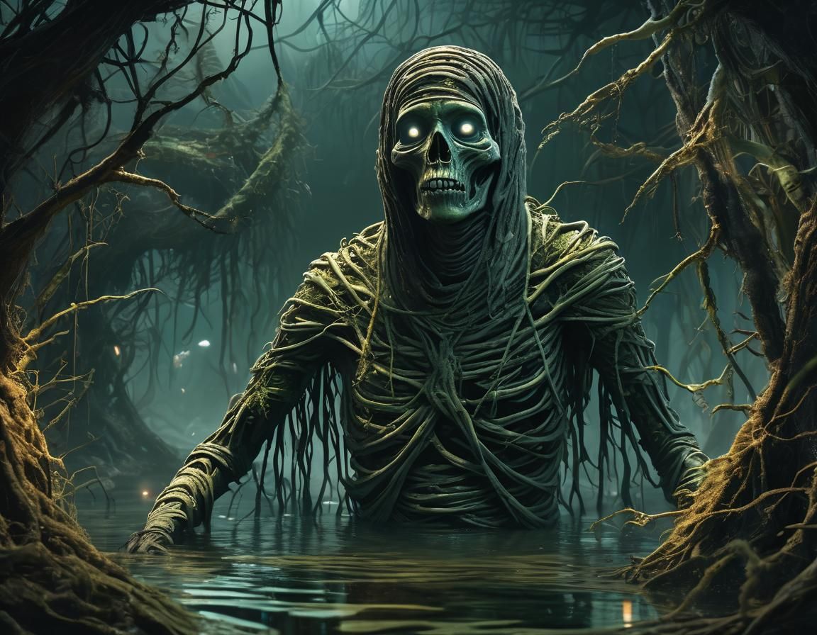 Bioluminescent Swamp Mummy in Dark Fantasy Illustration