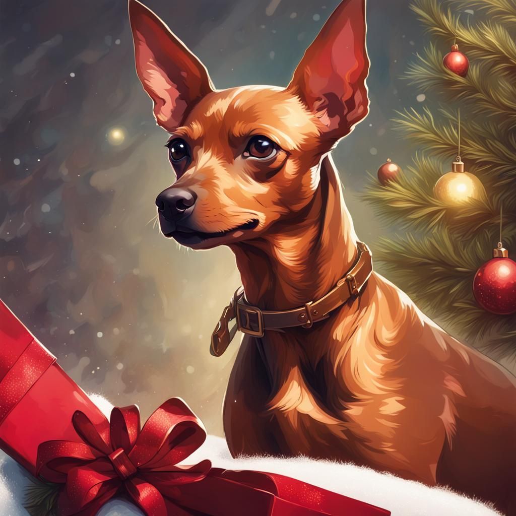 Miniature Pinscher Christmas Card Portrait in Digital Art