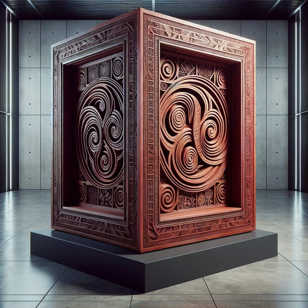 Intricate Wooden Sculpture in Modern Art Gallery