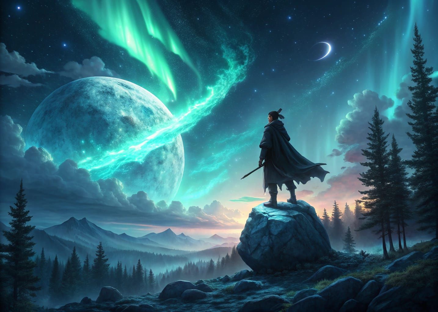 Spectral Samurai on Floating Crystal Under Aurora Sky