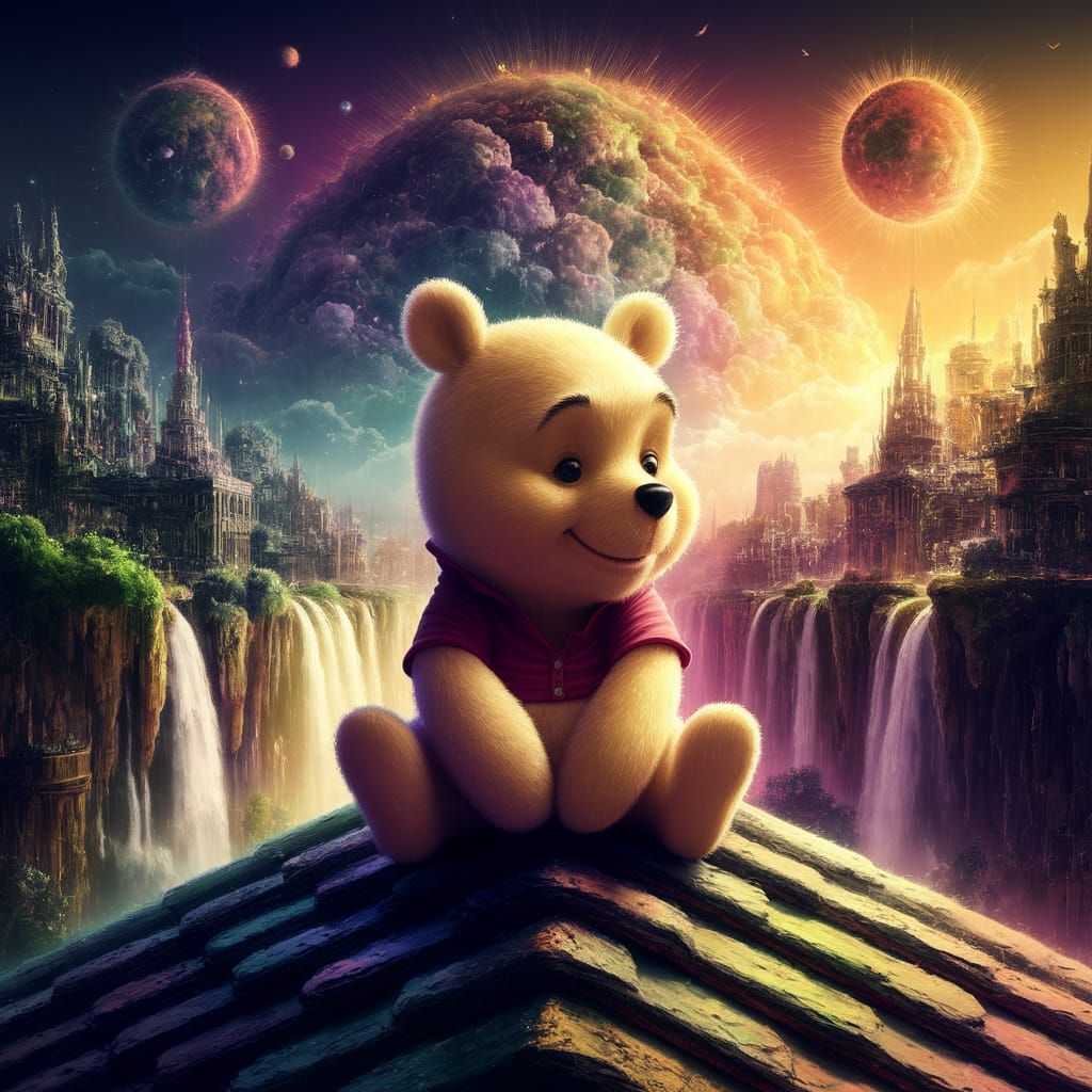 Futuristic Winnie the Pooh Sits on Rooftop Amidst Hypercompl...