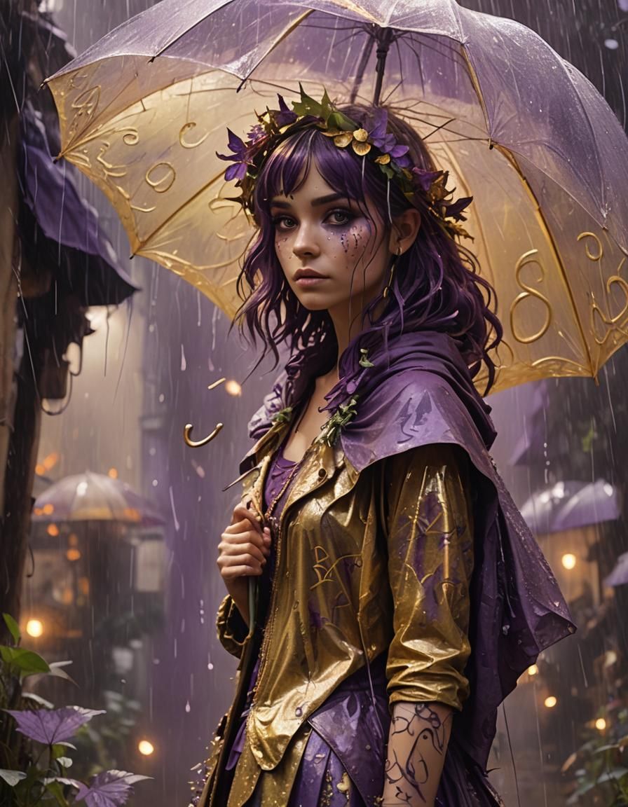 Gold and Purple Fairy in Rainy Fauvist Style
