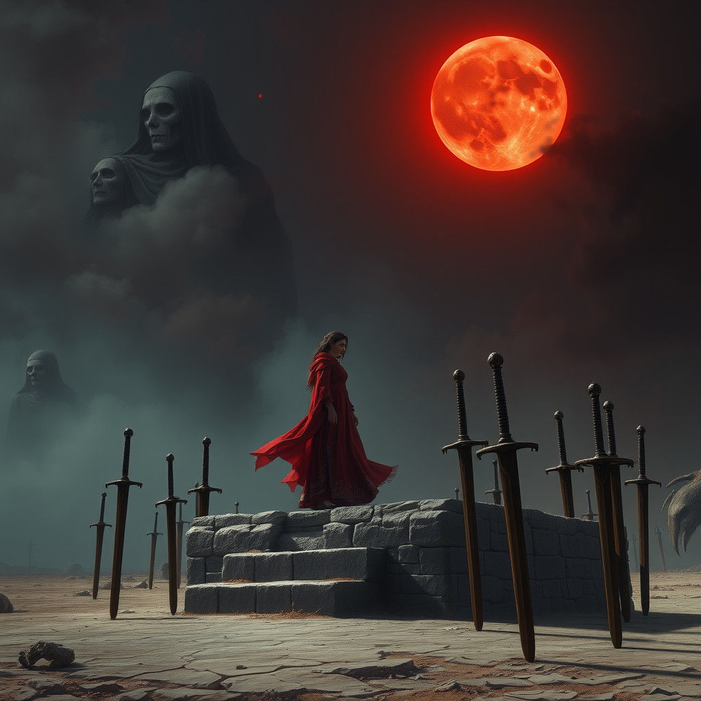 Oracle Under Bloodmoon, Surrounded by Spectral Figures