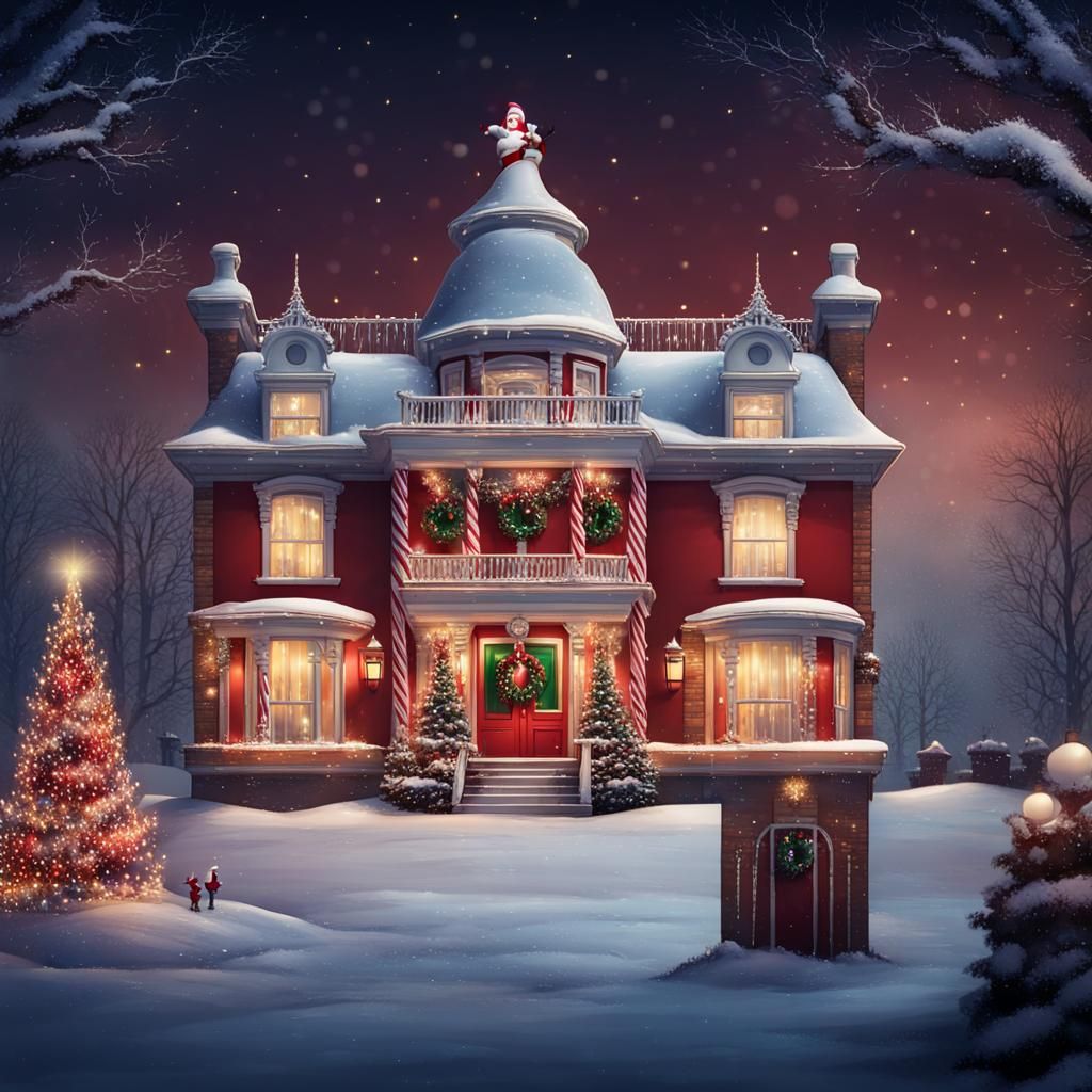 Christmas Mansion at Night with Santa Claus