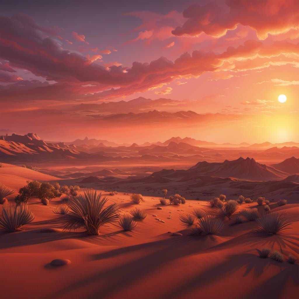 Calm Sunset Over Desert: Detailed Matte Painting