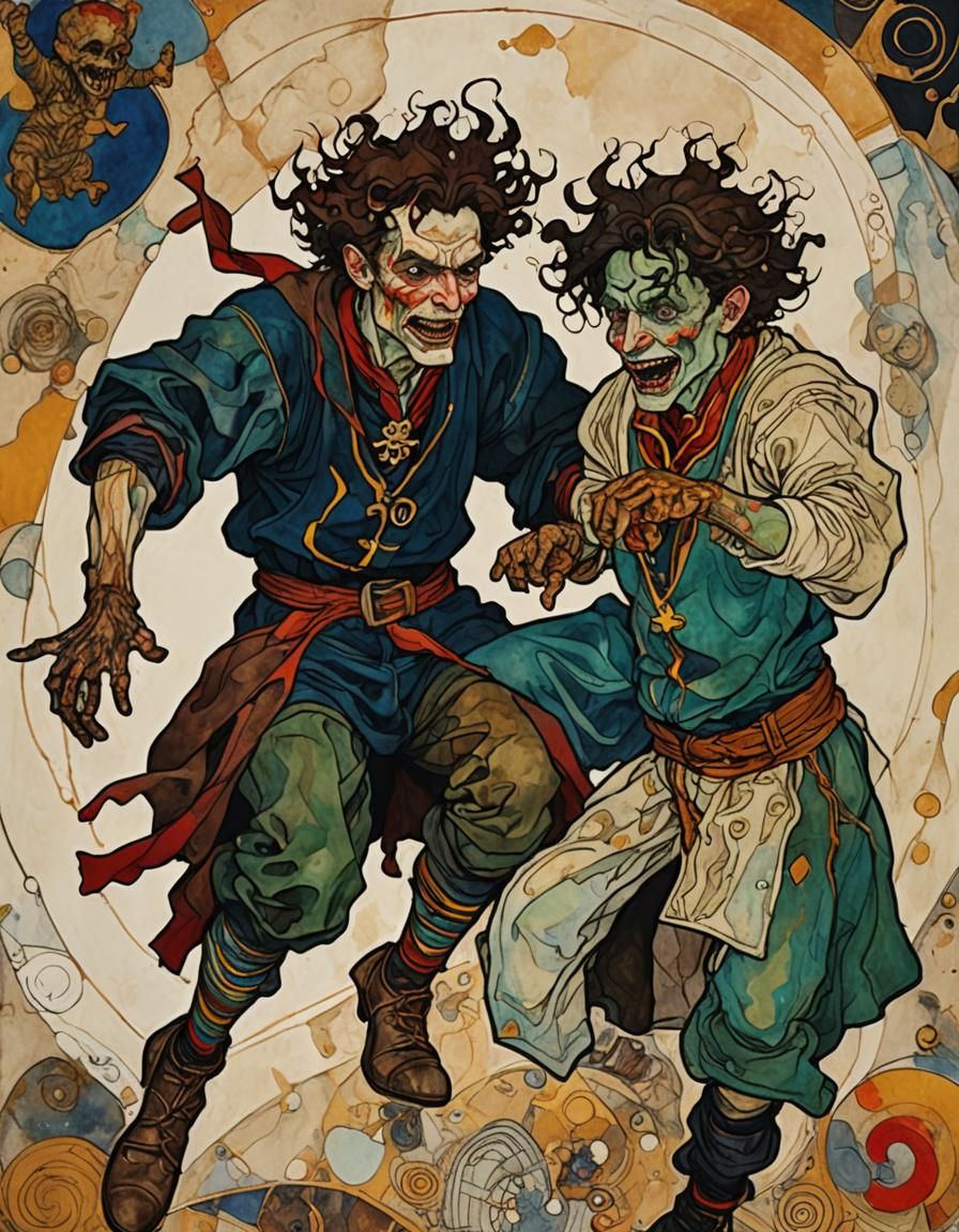 Gaunt Wizards Wrestling Tarot Card in Schiele Style