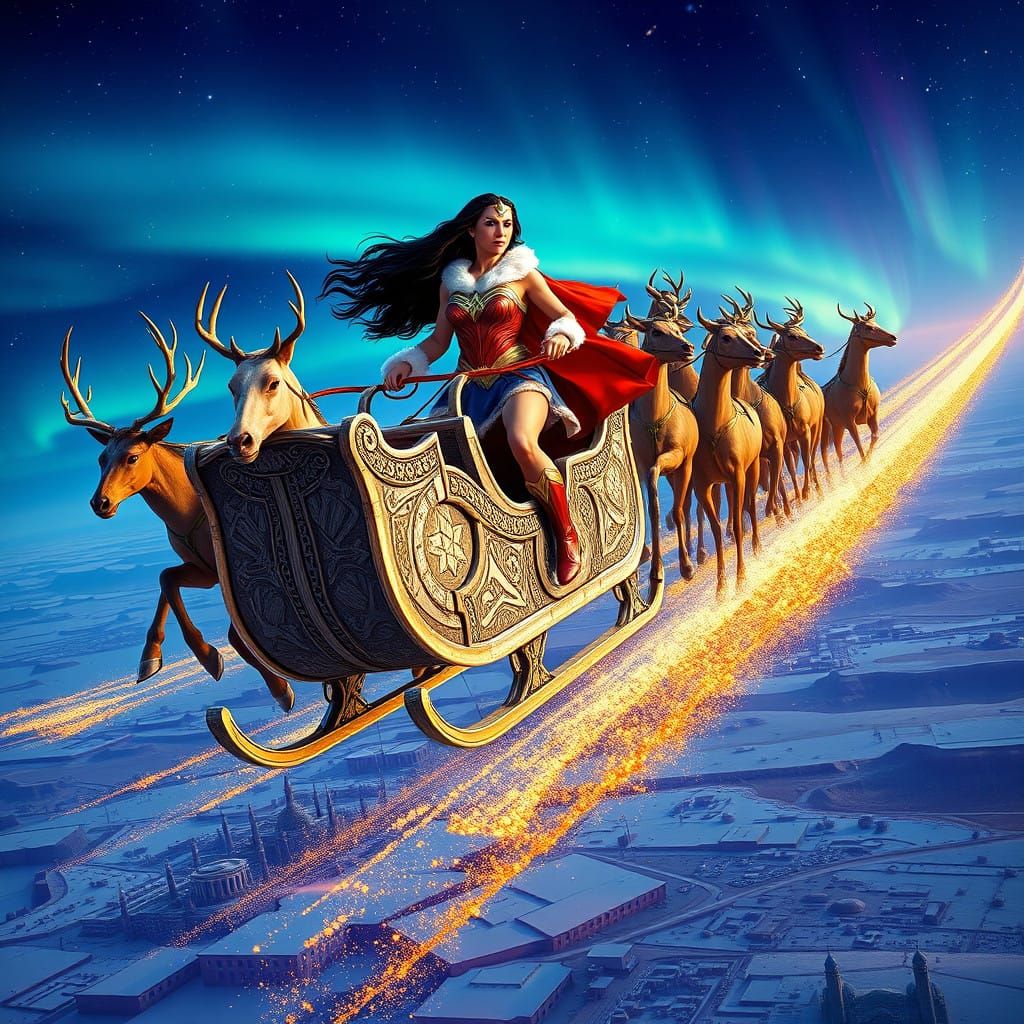 Wonder Woman Guides Snow Sleigh in Hyperrealistic Landscape