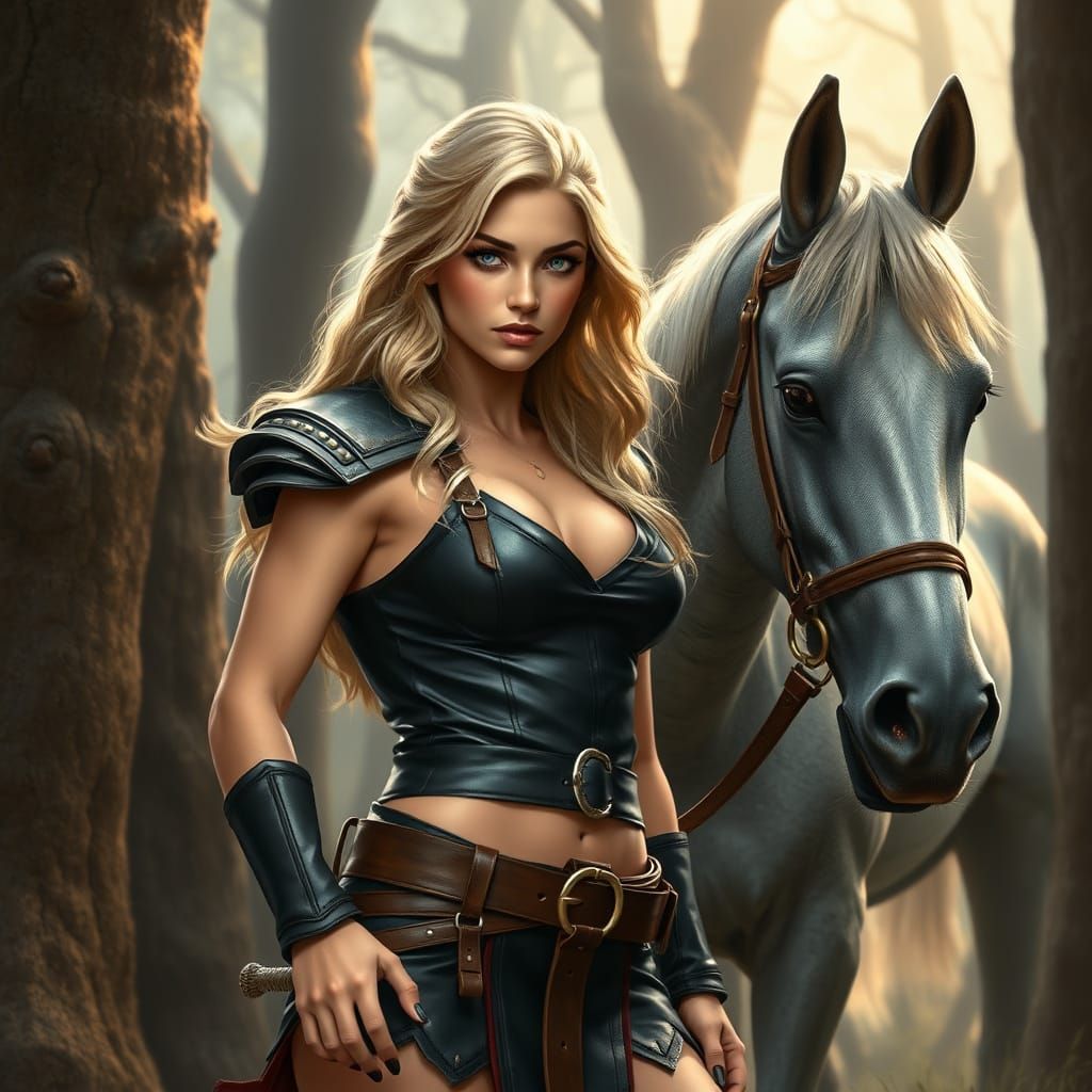 Arthurian Female Warrior in Misty Forest