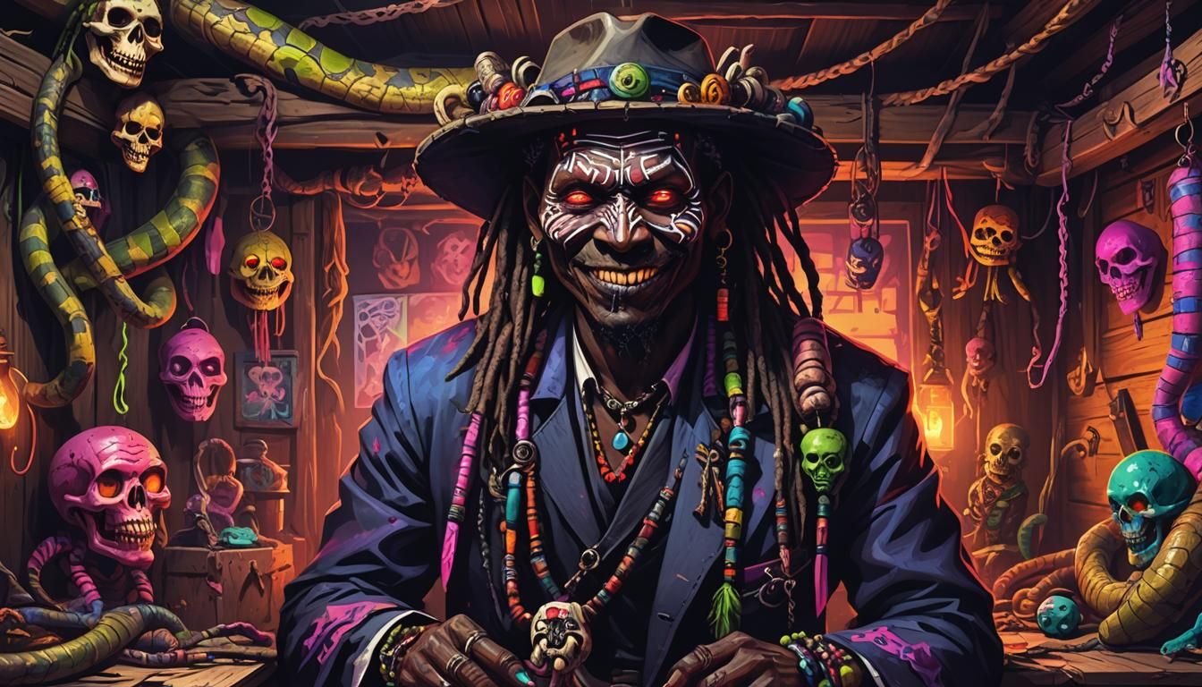 Sinister Voodoo Witch Doctor with Snake in Synthwave Style