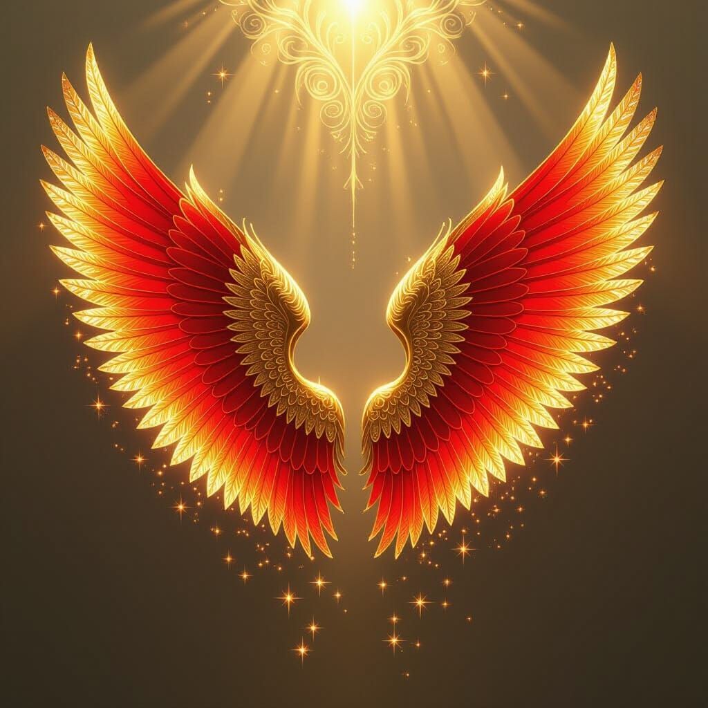 Opulent Gold and Red Wings with Sparkles in Art Nouveau Styl...