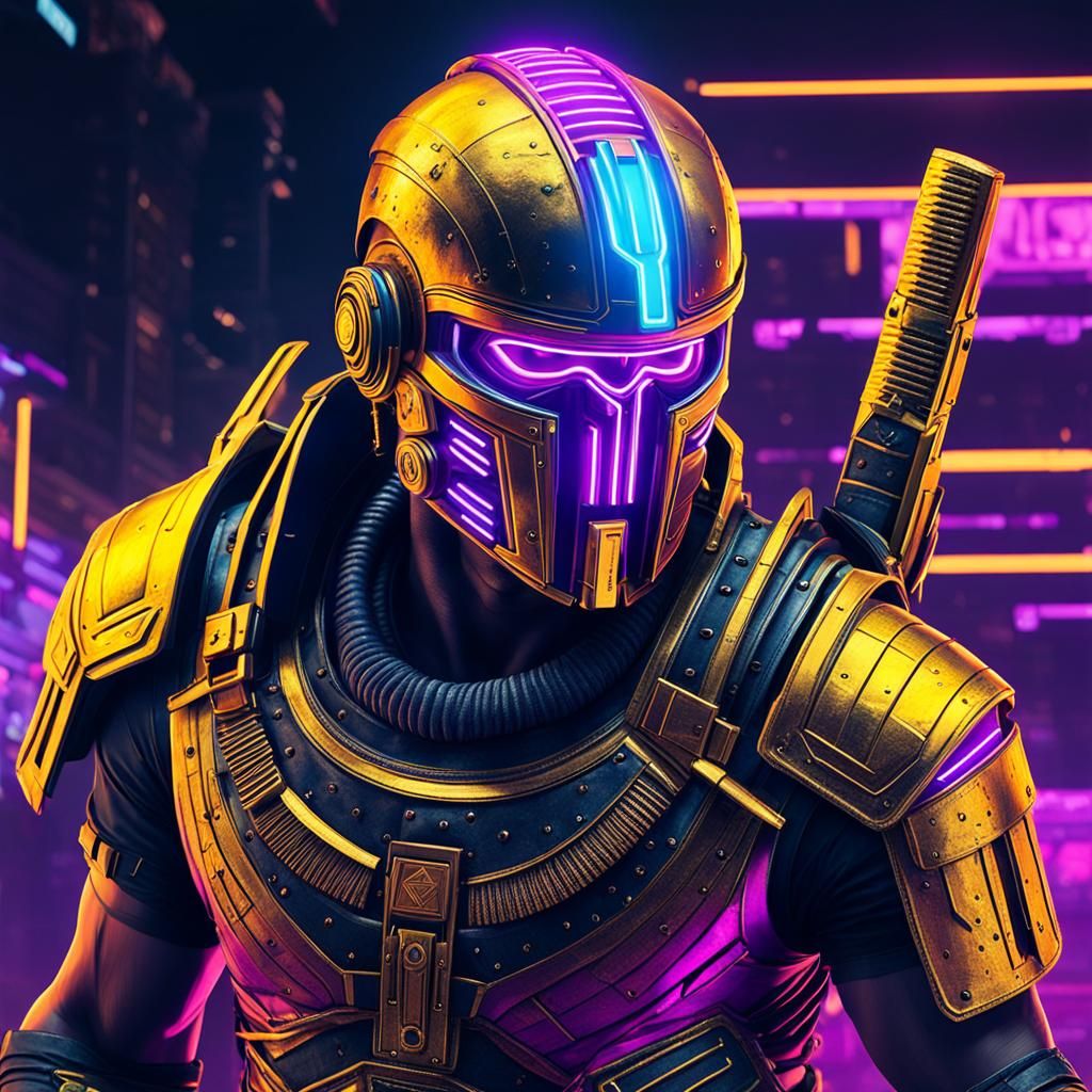 Cyberpunk Roman Centurion in Neon Cityscape